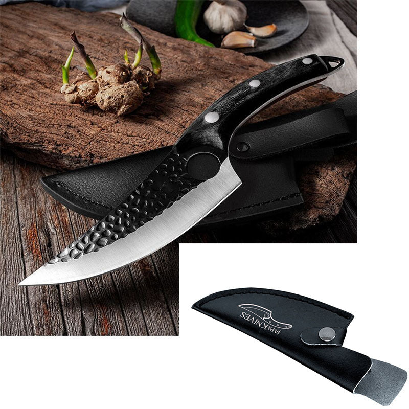 Forged Butcher Knife with Sheath – Curved Blade, Steel Grip