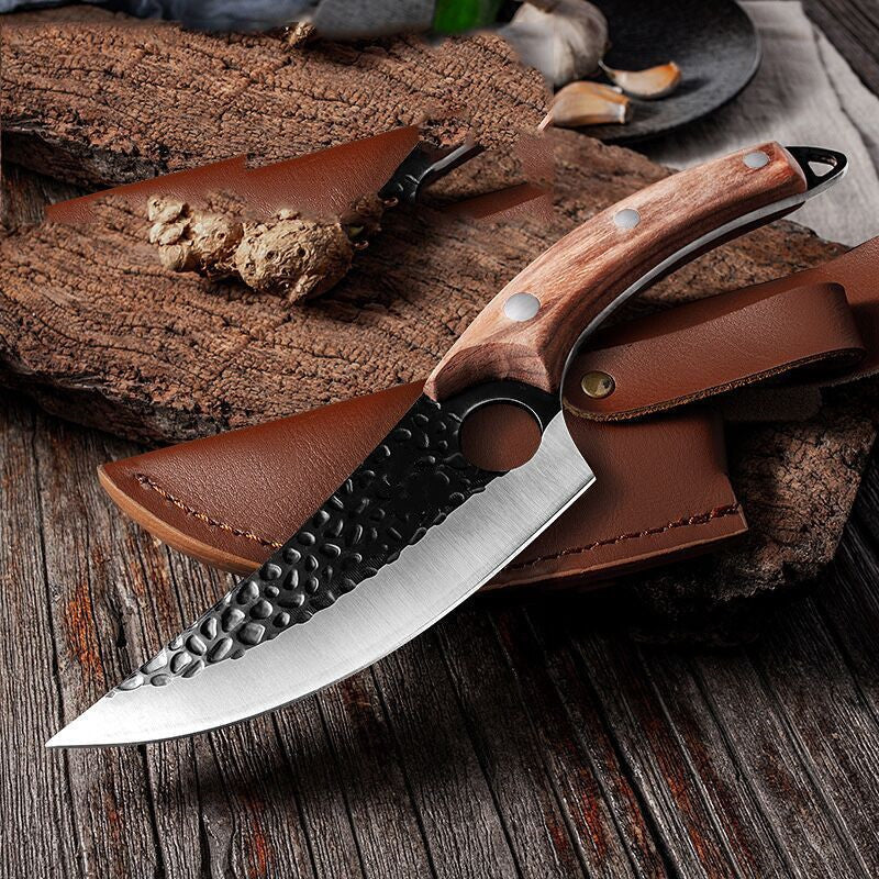 Forged Butcher Knife with Sheath – Curved Blade, Steel Grip